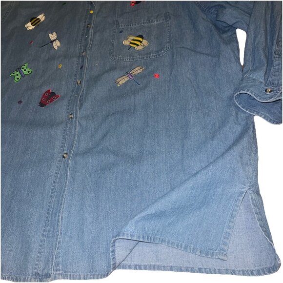MILI DESIGNS DENIM BUTTON DOWN SHIRT TOP SIZE 1X STITCHED Bees Bugs,, - Picture 13 of 16